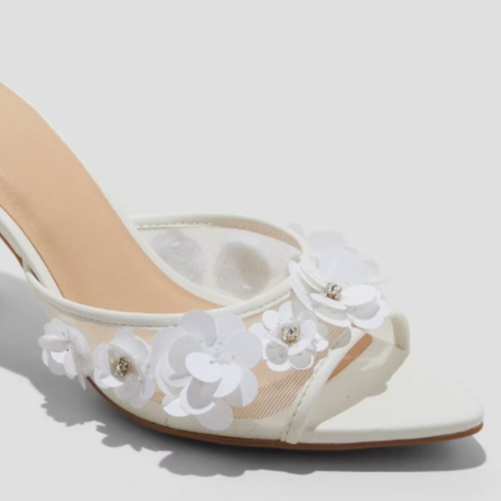 Lupita Mesh Rhinestone Peep Toe Mule Heels